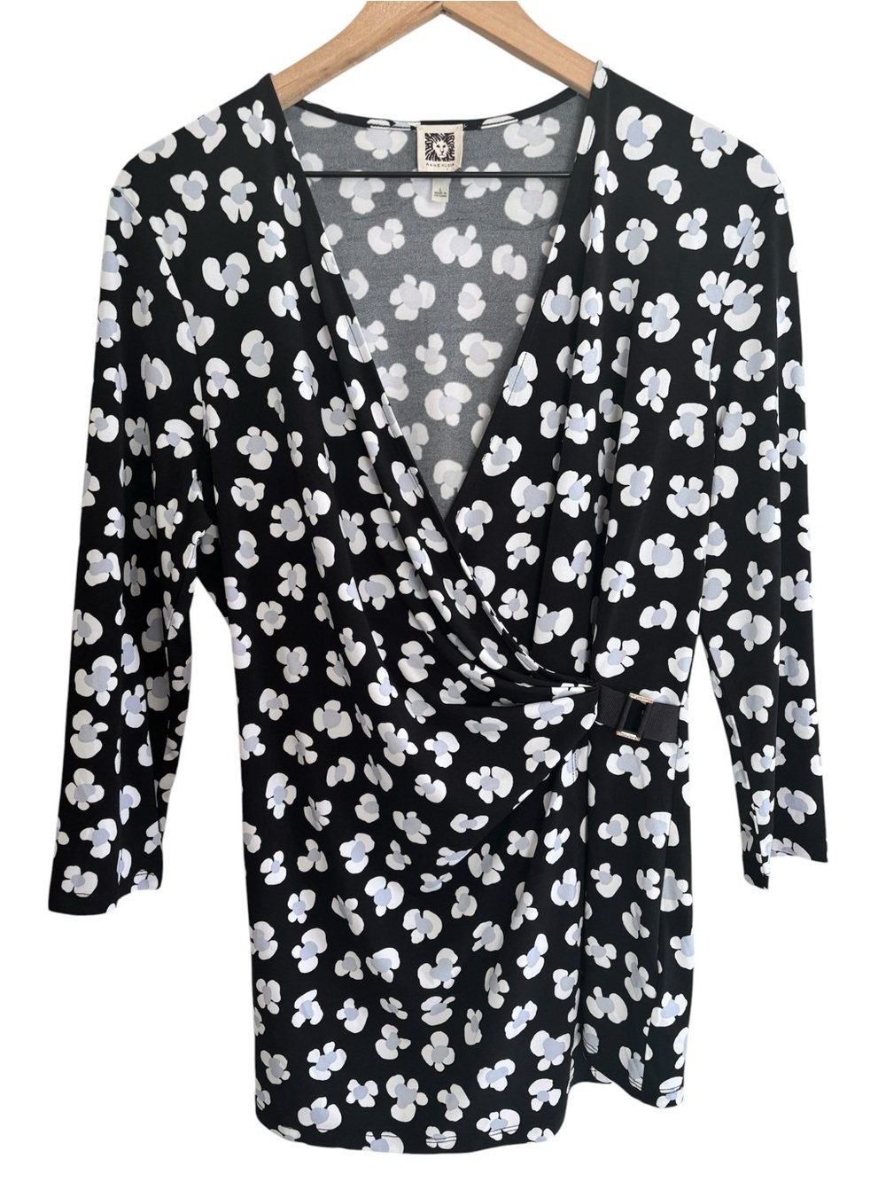 Anne Klein Faux Wrap Floral Blouse Top L Black White 3/4 Sleeve Career Office